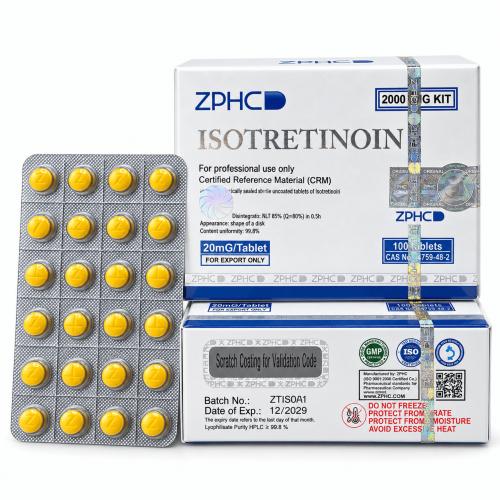 ZPHC isotretinoin 20 mg tablets with branded packaging and a silver blister pack of yellow round tablets, displayed on a clean white background.