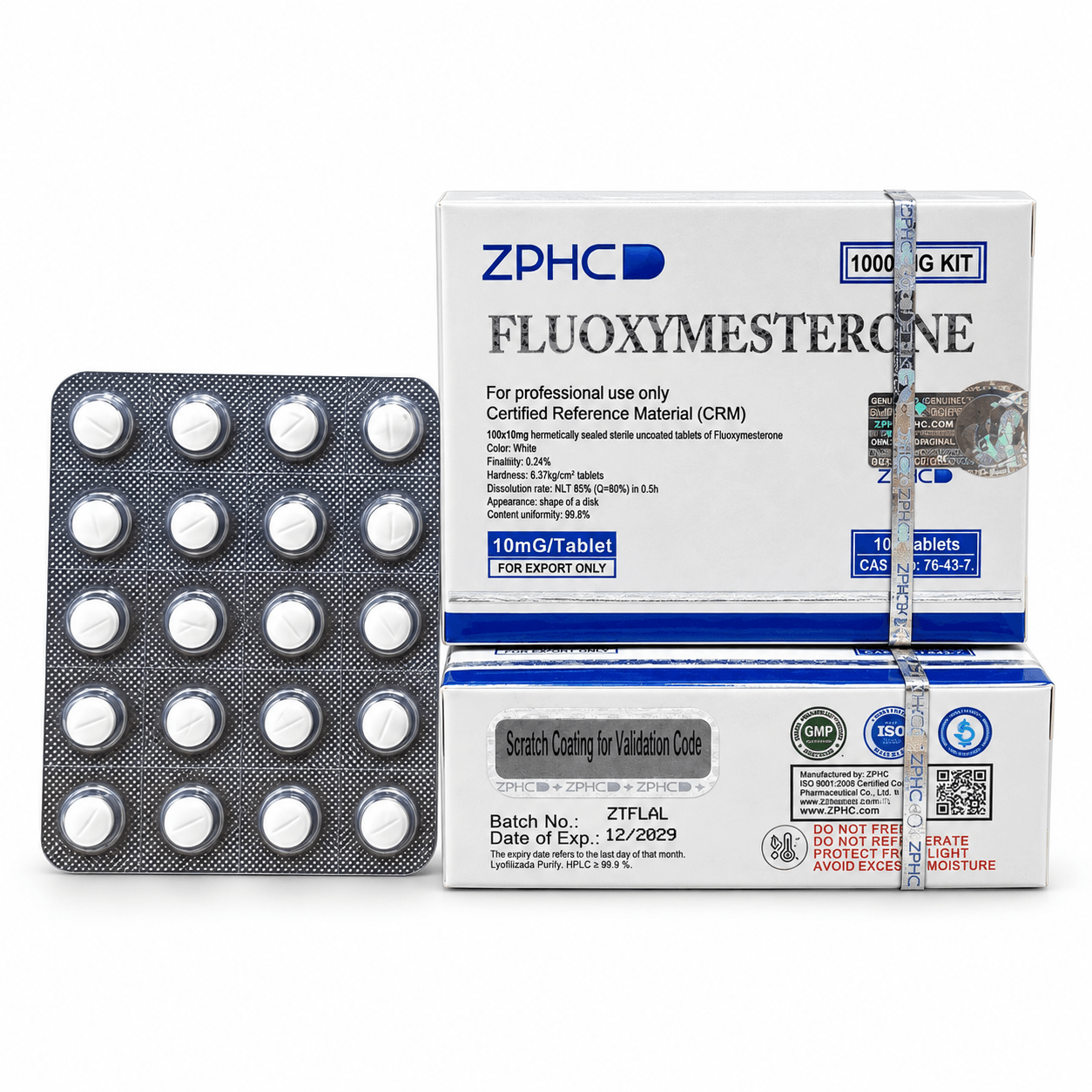 ZPHC Fluoxymesterone 10 mg tablets with two white and blue product boxes and a 20-tablet blister pack on a clean white background.