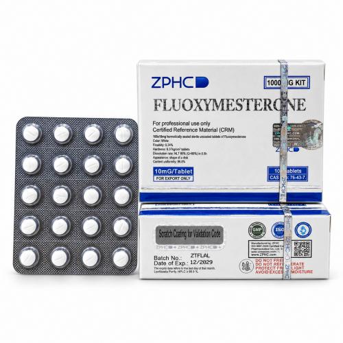 ZPHC Fluoxymesterone 10 mg tablets with two white and blue product boxes and a 20-tablet blister pack on a clean white background.