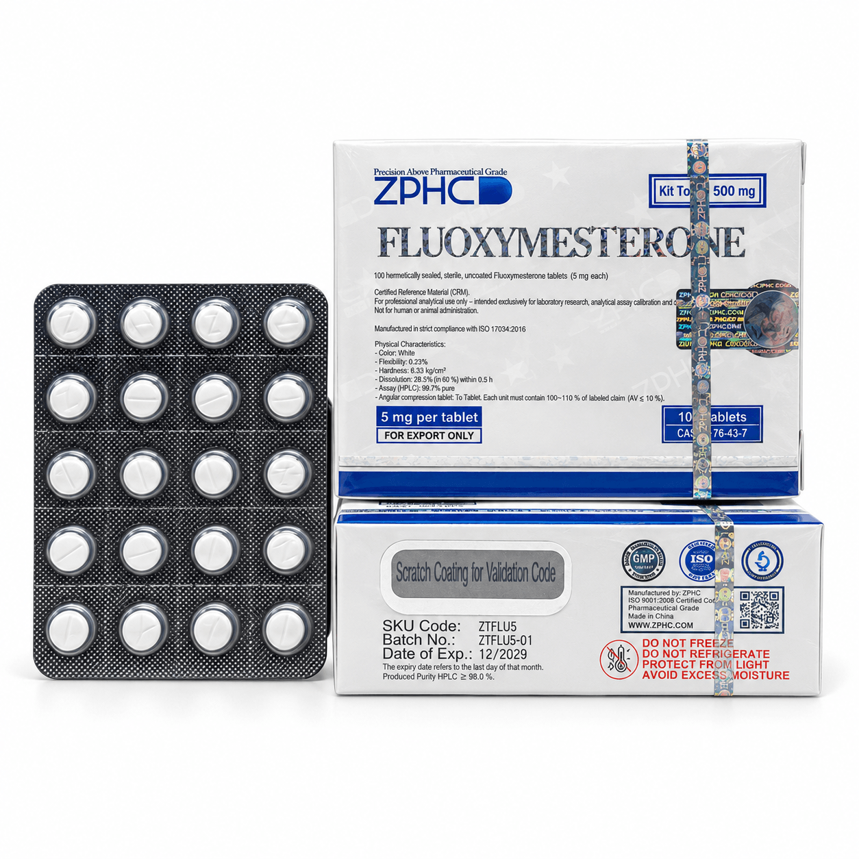 ZPHC Fluoxymesterone 5 mg tablets with two white and blue product boxes and a 20-tablet blister pack on a clean white background.
