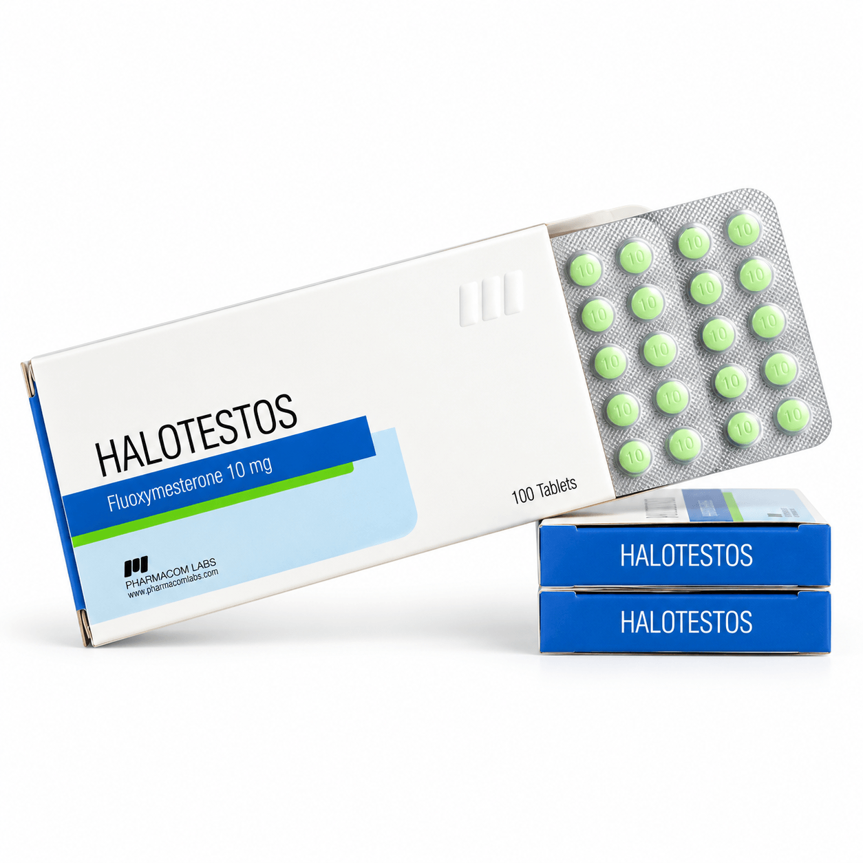 HALOTESTOS Fluoxymesterone 10 mg packaging with a blister pack of green tablets and two blue product boxes on a white background.