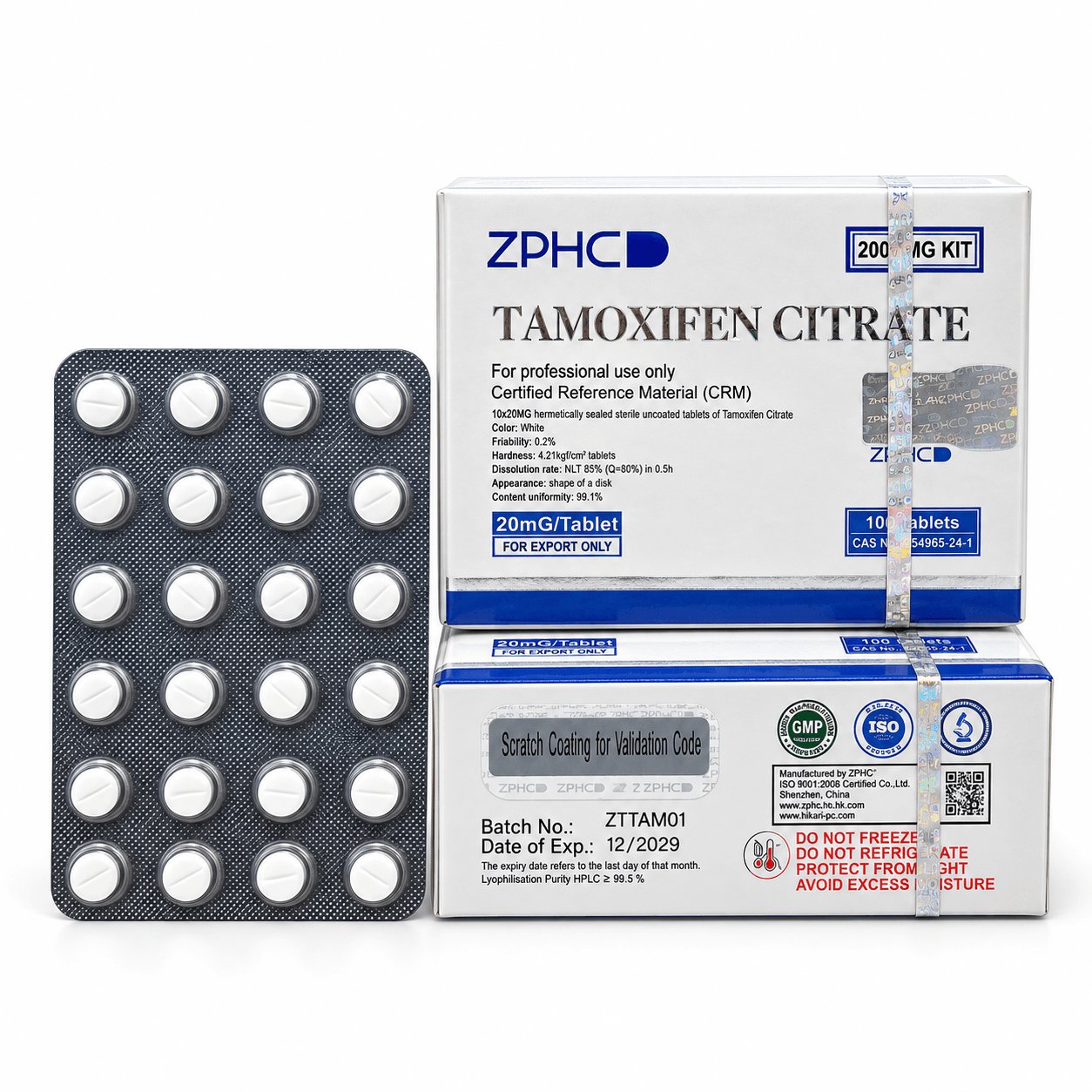 ZPHC Tamoxifen Citrate 20 mg tablets with two white and blue product boxes and a blister pack of white tablets on a clean white background.