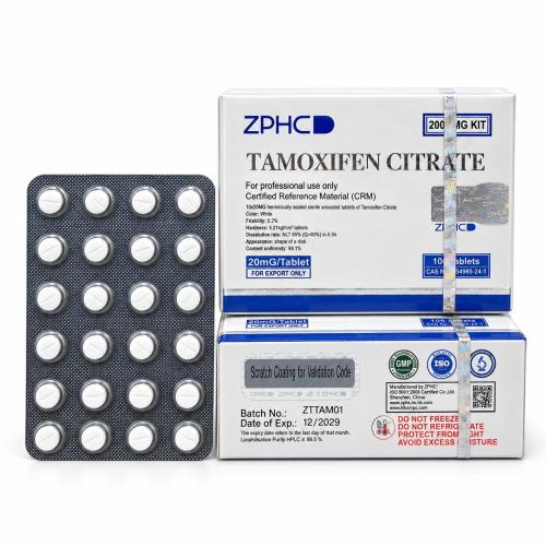 ZPHC Tamoxifen Citrate 20 mg tablets with two white and blue product boxes and a blister pack of white tablets on a clean white background.