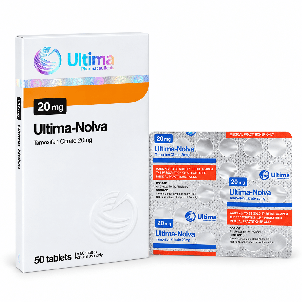 Ultima-Nolva Tamoxifen Citrate 20 mg box with a silver blister pack, 50-tablet packaging, on a clean white background.