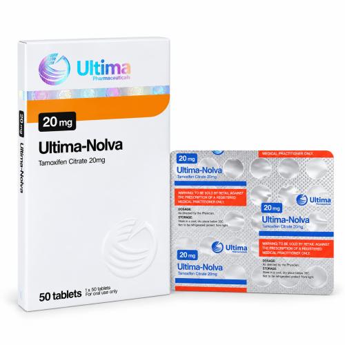 Ultima-Nolva Tamoxifen Citrate 20 mg box with a silver blister pack, 50-tablet packaging, on a clean white background.