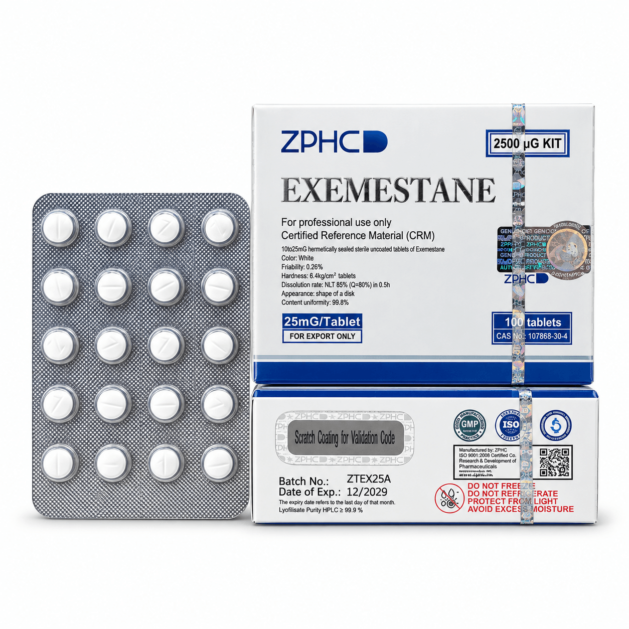 ZPHC Exemestane 25 mg tablets with two white and blue product boxes and a 20-tablet blister pack on a clean white background.