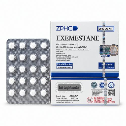 ZPHC Exemestane 25 mg tablets with two white and blue product boxes and a 20-tablet blister pack on a clean white background.
