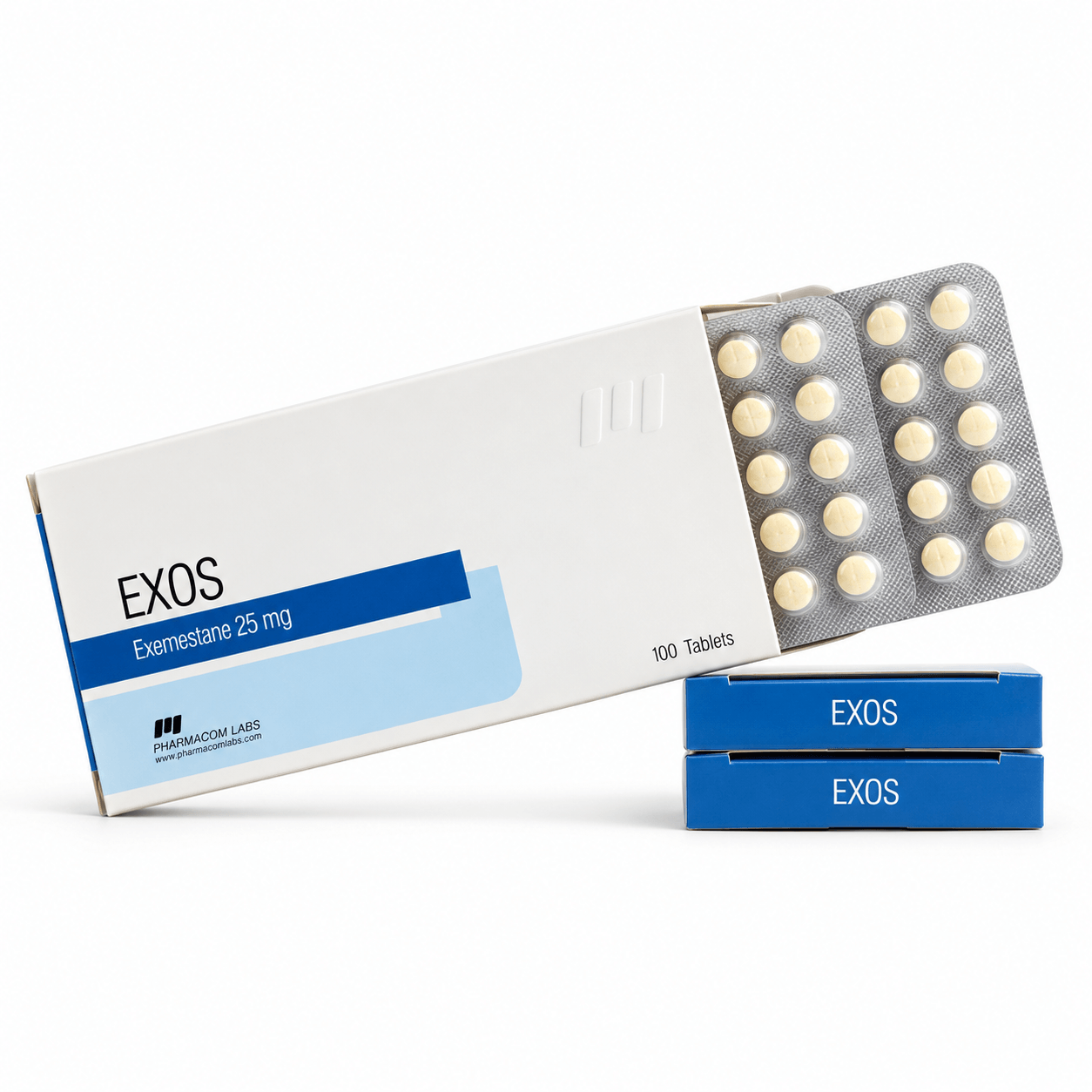 EXOS Exemestane 25 mg packaging with a blister pack of tablets and two blue product boxes on a clean white background.