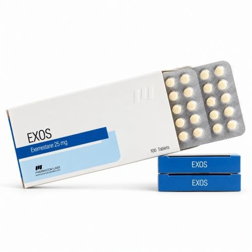 EXOS Exemestane 25 mg packaging with a blister pack of tablets and two blue product boxes on a clean white background.