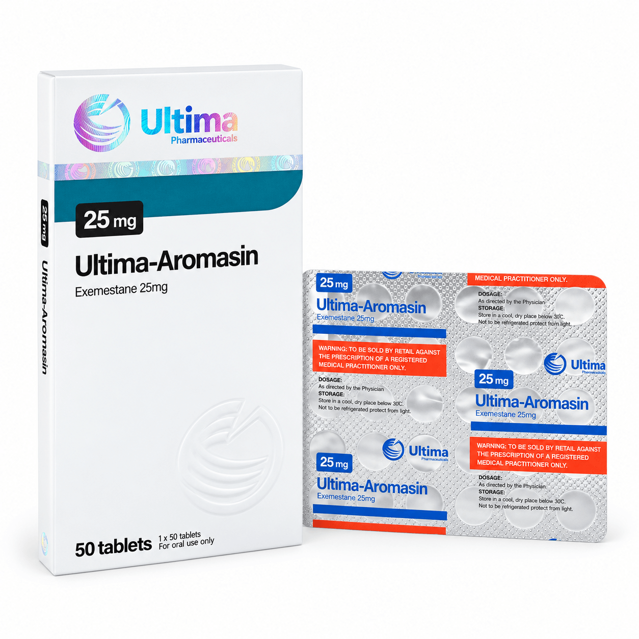 Ultima-Aromasin Exemestane 25 mg box with a matching silver blister pack and 50-tablet packaging on a clean white background.