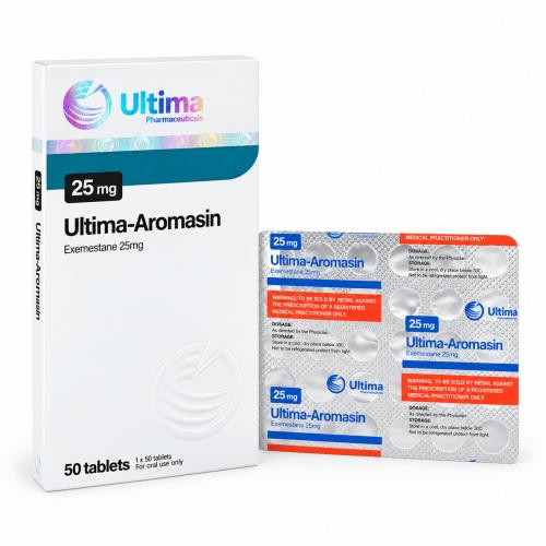 Ultima-Aromasin Exemestane 25 mg box with a matching silver blister pack and 50-tablet packaging on a clean white background.