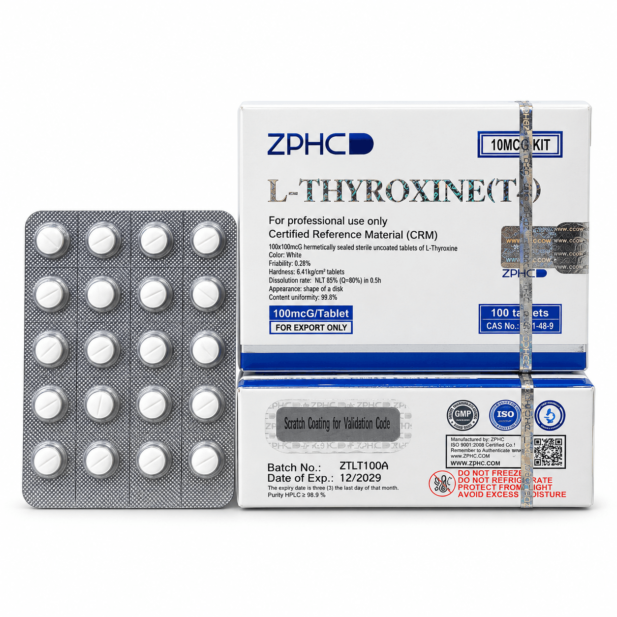 ZPHC L-Thyroxine (T4) 100 mcg tablets with two white and blue product boxes and a 20-tablet blister pack on a clean white background.