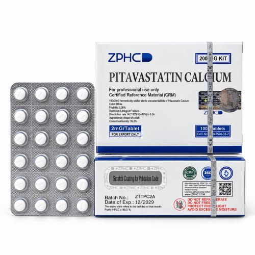 ZPHC Pitavastatin Calcium 2 mg tablets in blister packaging displayed alongside the original white and blue product boxes on a clean white background.