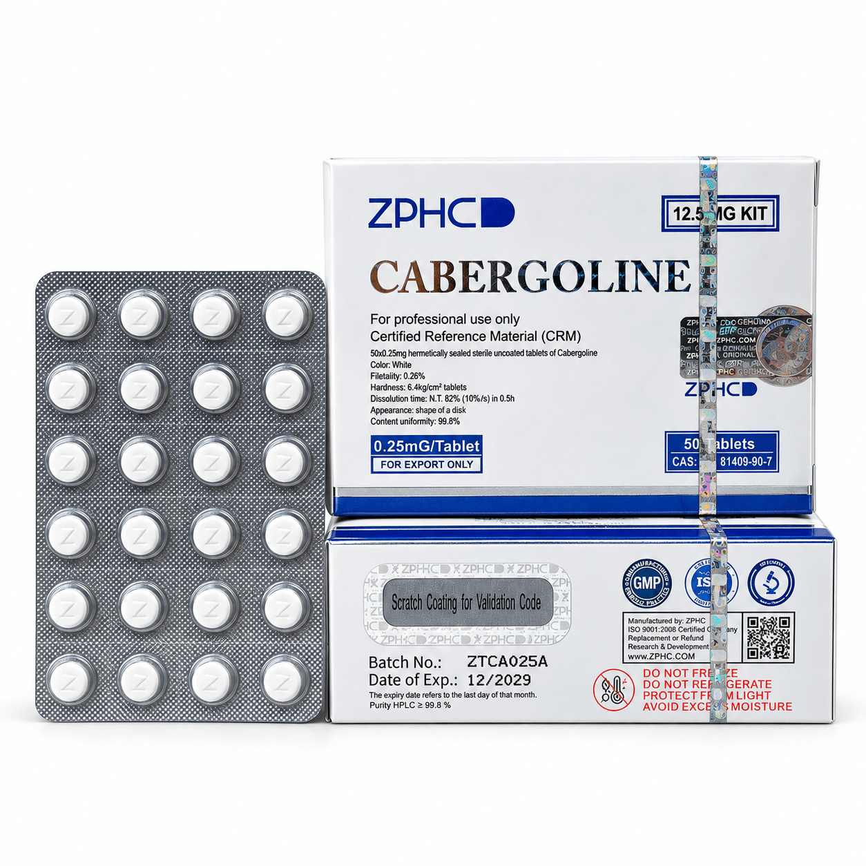 ZPHC Cabergoline 0.25 mg tablets in a silver blister pack displayed next to two white and blue product boxes on a clean white background.