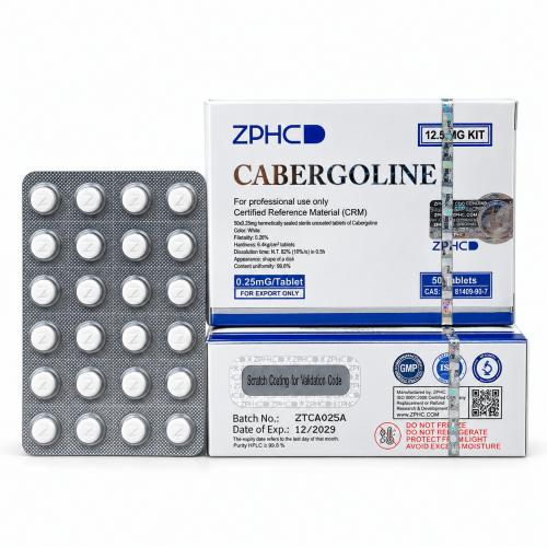 ZPHC Cabergoline 0.25 mg tablets in a silver blister pack displayed next to two white and blue product boxes on a clean white background.