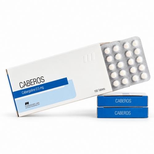 CABEROS Cabergoline 0.5 mg tablets shown with a silver blister pack and blue-and-white product packaging on a clean white background.