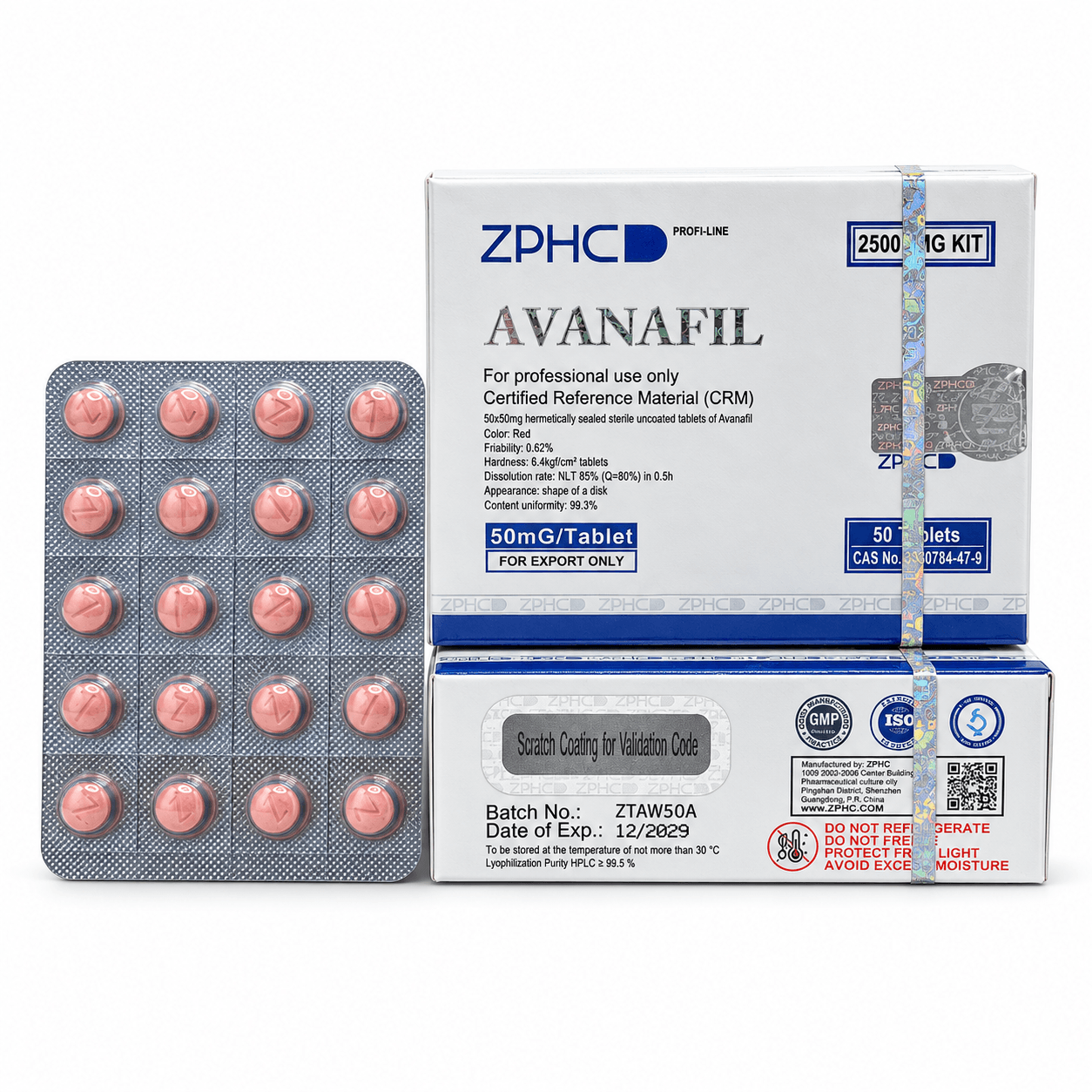 ZPHC Avanafil 50 mg tablets in a silver blister pack displayed next to white and blue product boxes on a clean white background.