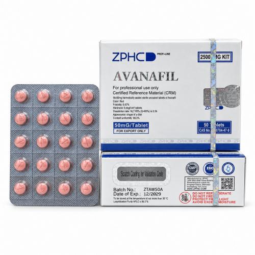 ZPHC Avanafil 50 mg tablets in a silver blister pack displayed next to white and blue product boxes on a clean white background.