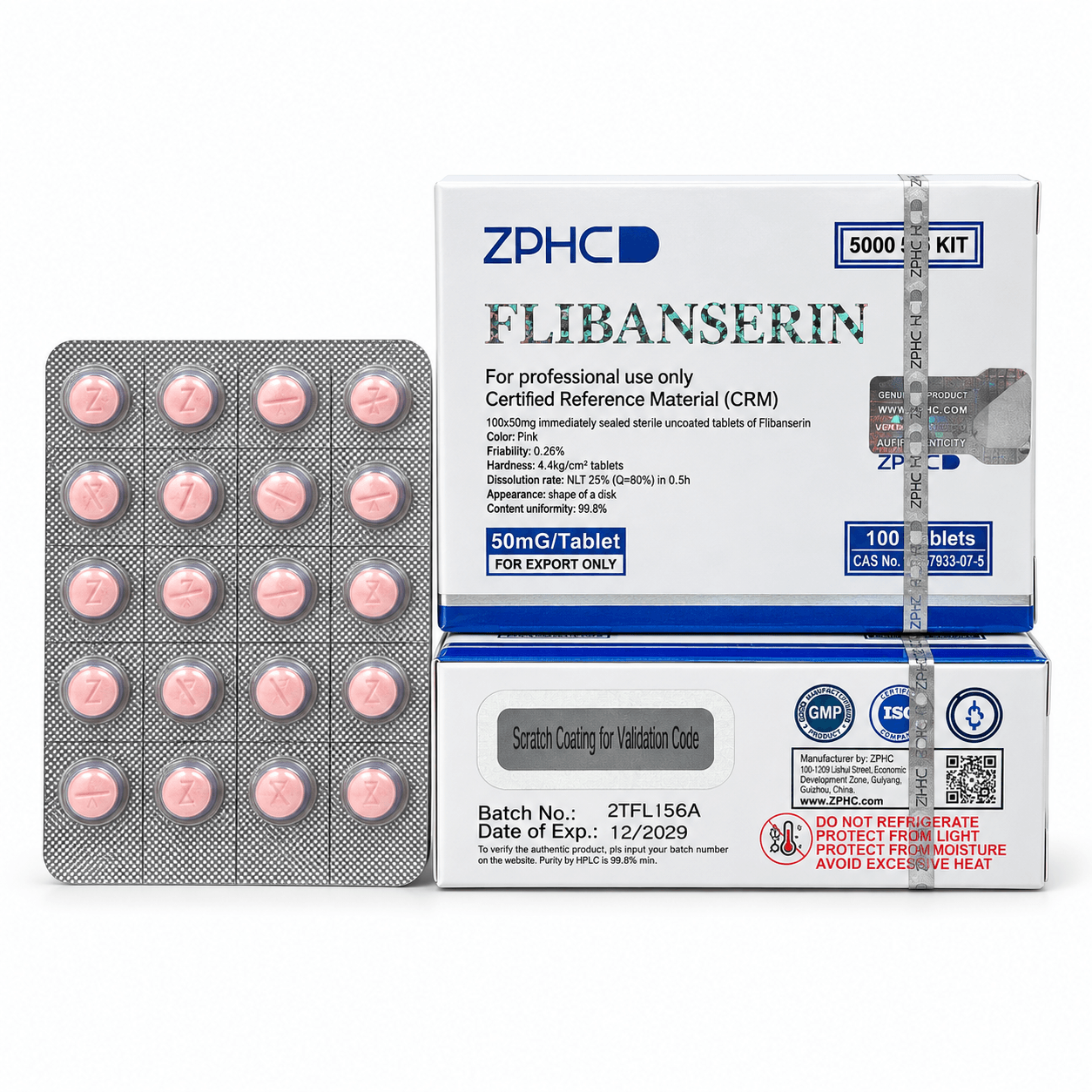 ZPHC Flibanserin 50 mg pink tablets in a silver blister pack displayed next to white and blue product boxes on a clean white background.