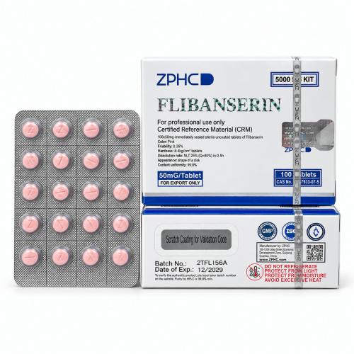 ZPHC Flibanserin 50 mg pink tablets in a silver blister pack displayed next to white and blue product boxes on a clean white background.