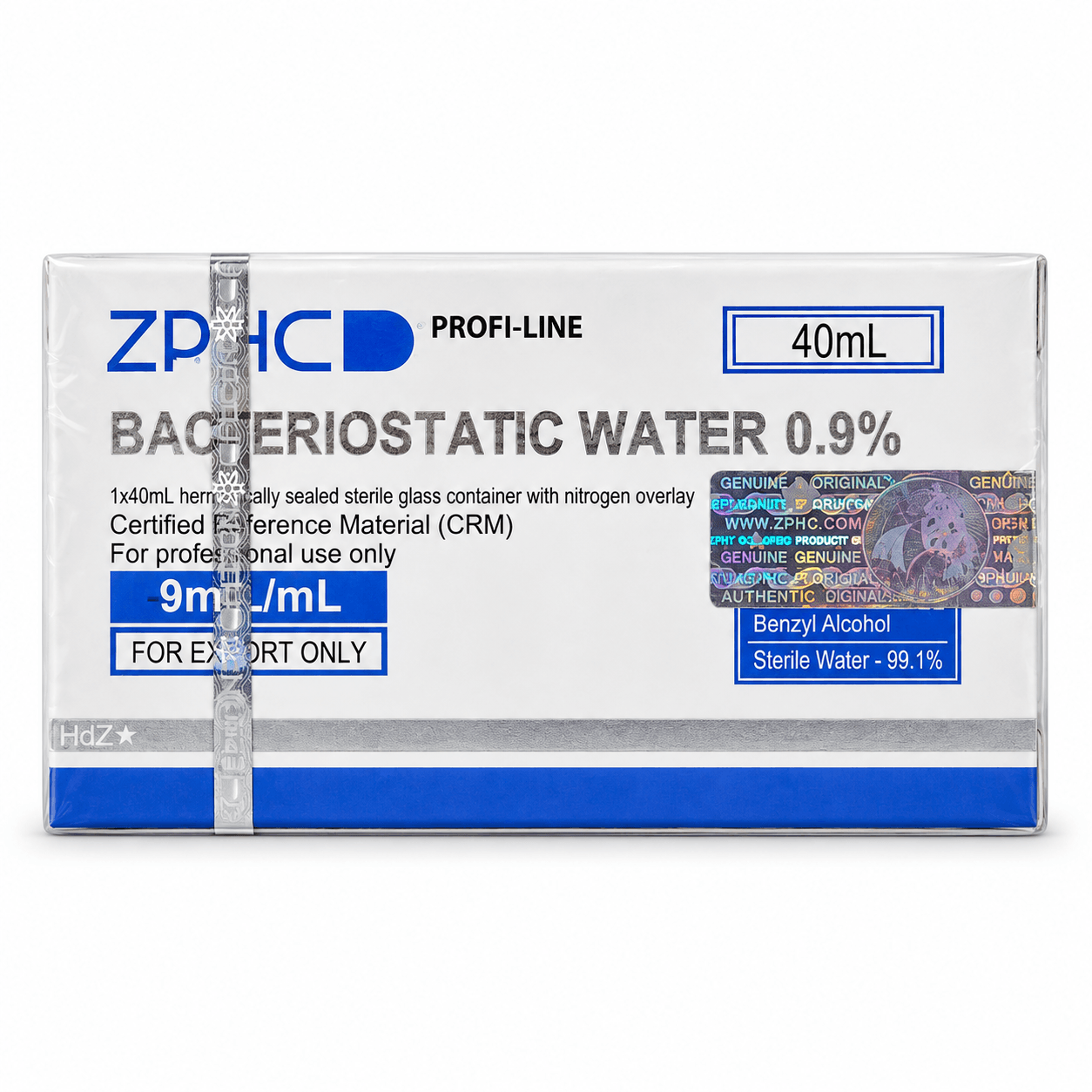 ZPHC Profi-Line Bacteriostatic Water 0.9% 40 mL box with blue labeling and holographic security seal on a clean white background.