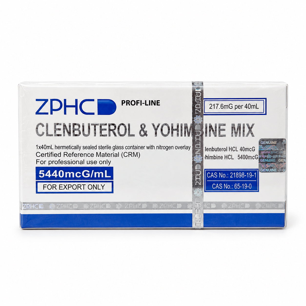 ZPHC Profi-Line Clenbuterol & Yohimbine Mix 5440 mcg/mL product box with blue labeling and holographic security seals on a clean white background.
