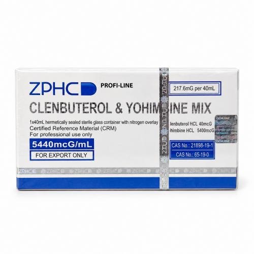 ZPHC Profi-Line Clenbuterol & Yohimbine Mix 5440 mcg/mL product box with blue labeling and holographic security seals on a clean white background.